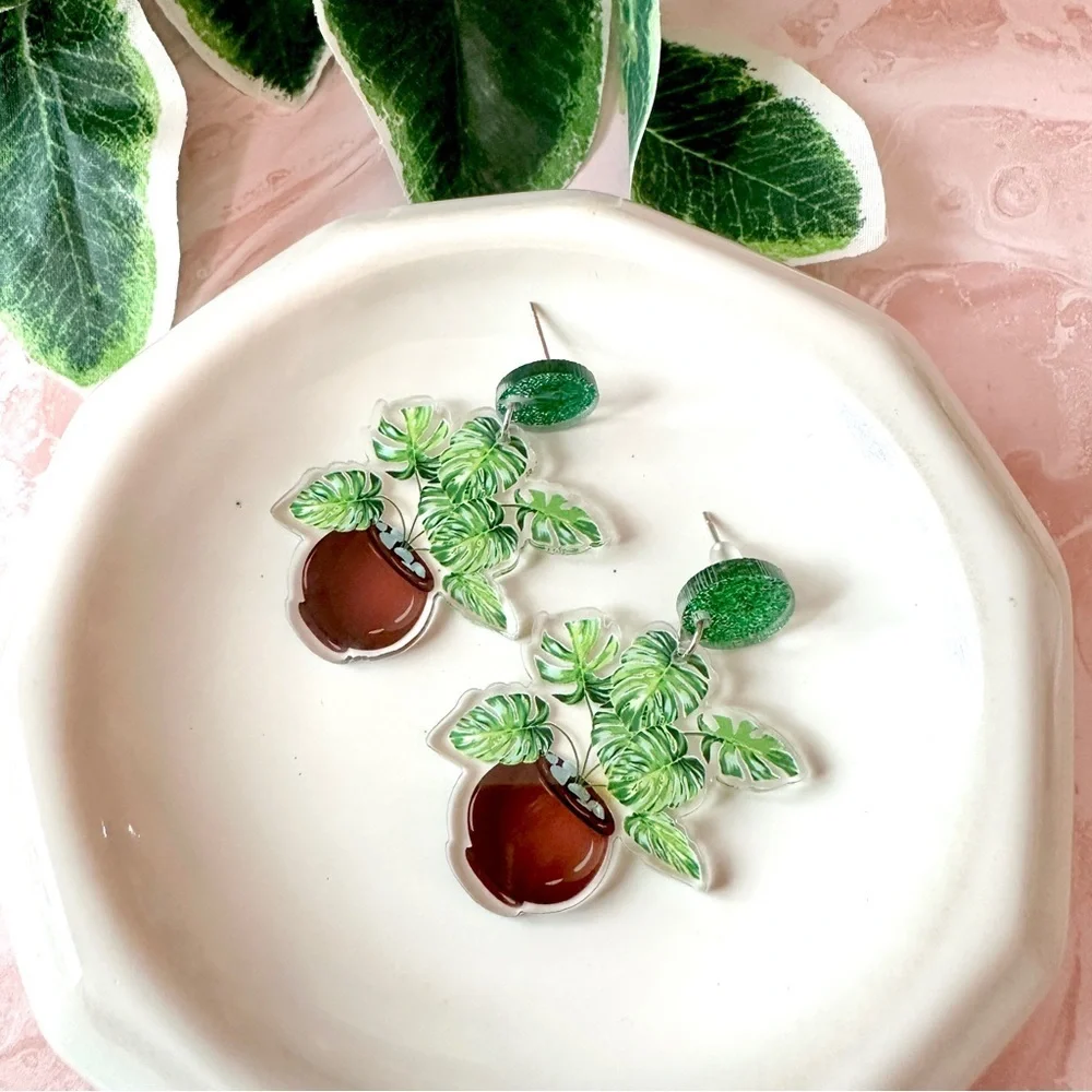2/$30🌵 Monstera Leaf Potted Plant Earrings Acrylic Jewelry Plant Lady NEW